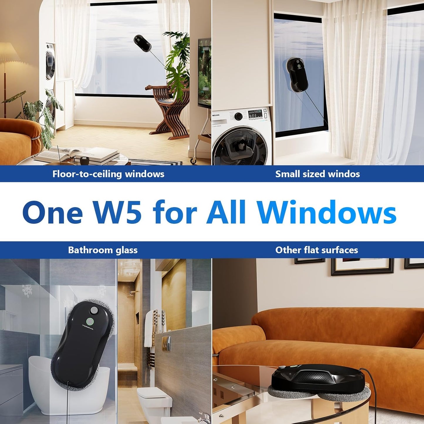 W5 Window Cleaning Robot, Dual Direction Auto-Spray Smart Window Cleaner with Triple Safety System, Smart Navigation, Remote Control, for All Smooth Surfaces, with 8 Rags, Black