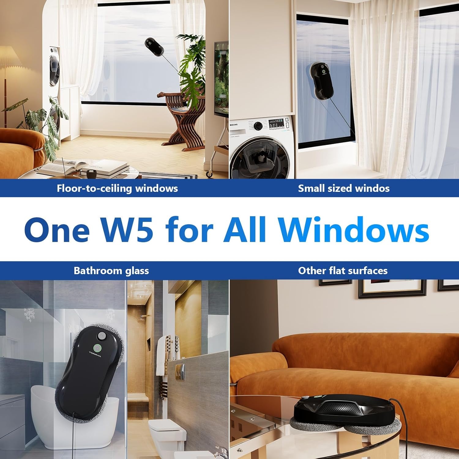 W5 Window Cleaning Robot, Dual Direction Auto-Spray Smart Window Cleaner with Triple Safety System, Smart Navigation, Remote Control, for All Smooth Surfaces, with 8 Rags, Black