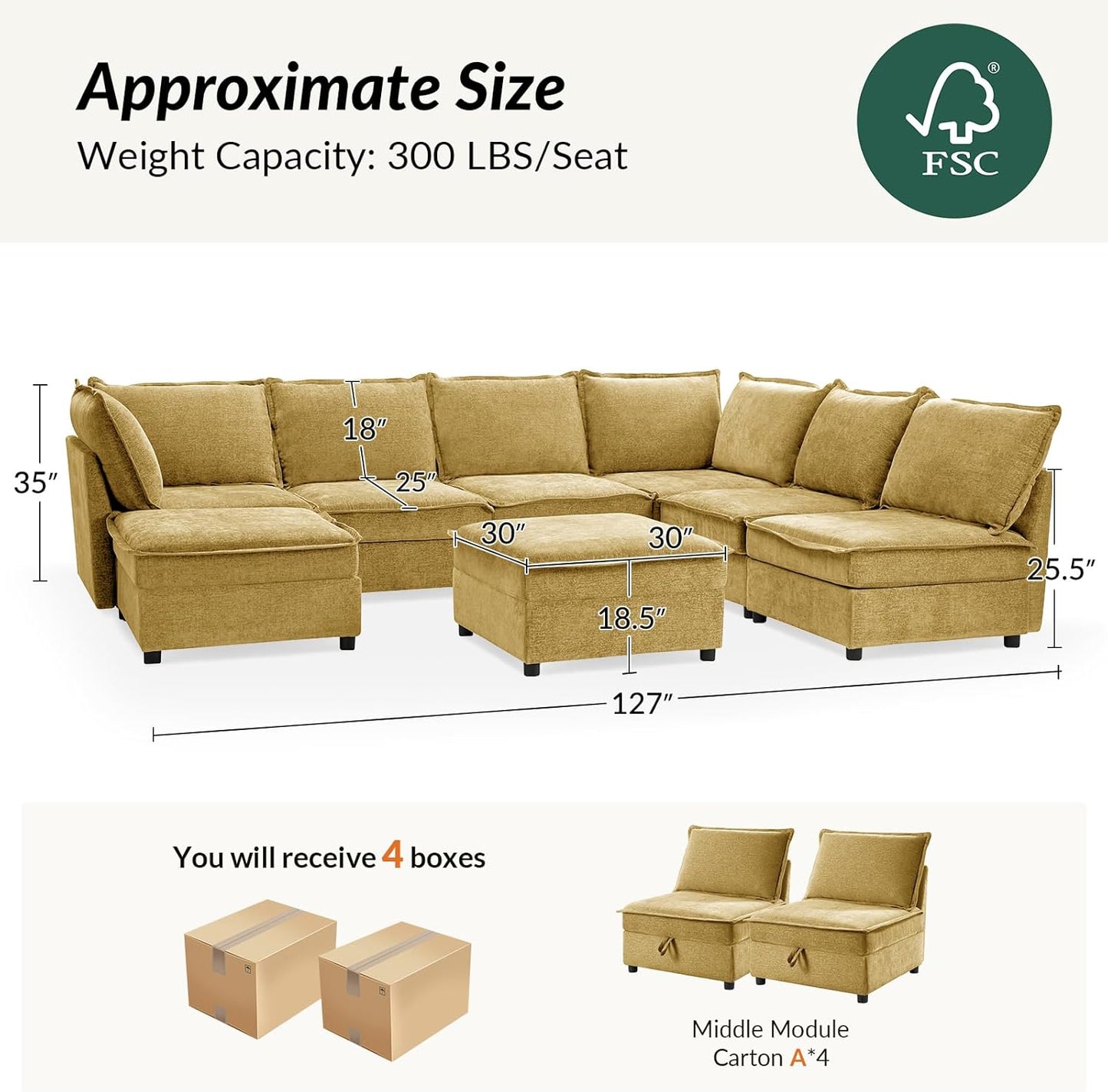 Oversized Modular Sectional Sofa, 8 Seat U Shaped Couch with Storage Ottoman, Comfy Chenille Sofa with Deep Seat, Convertible Sectional Couches for Living Room, Cream