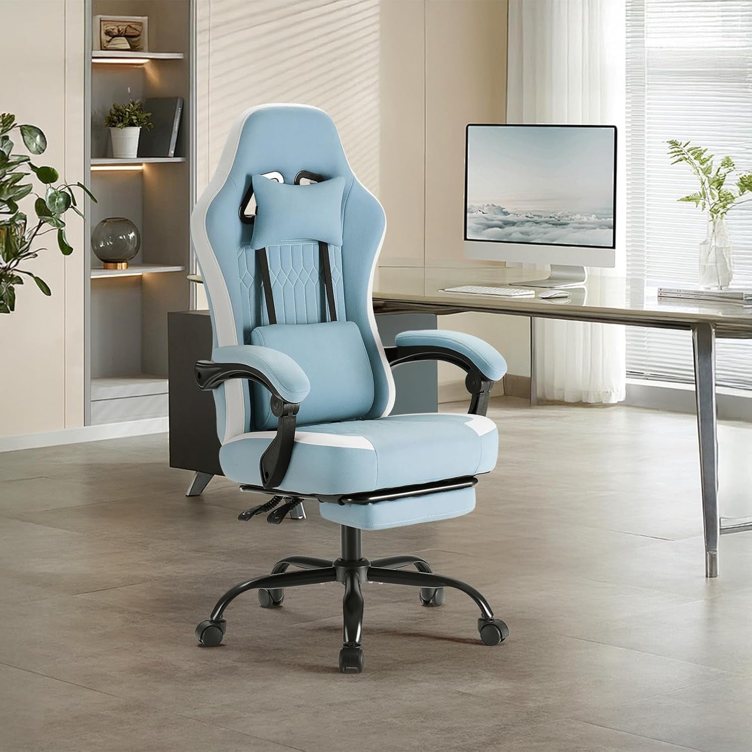 Computer Gaming Chair - High Back Ergonomic Desk Chair with Footrest and Lumbar Support, Height Adjustable Task Chair with Linkage Armrests and Headrest, 360° Swivel Wheels, Blue