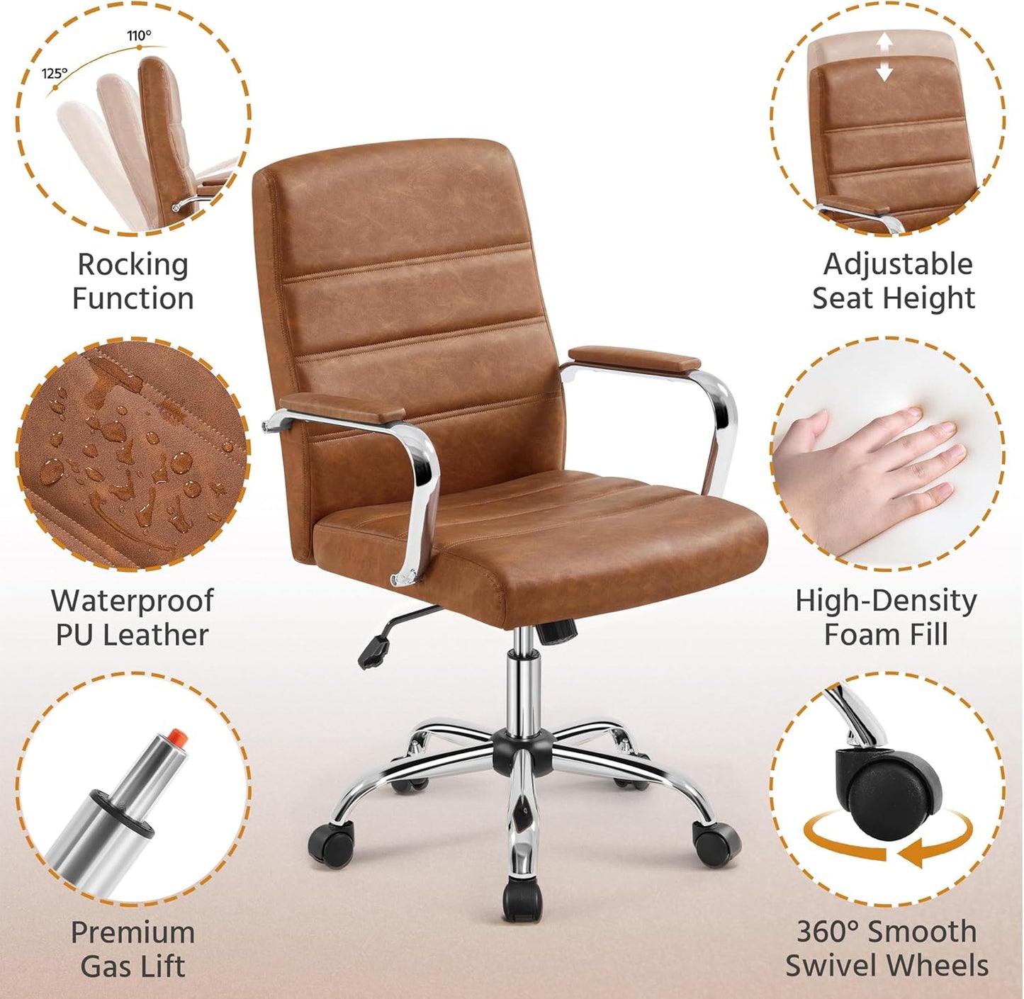 Mid-Back Office Chair with Arms Swivel PU Leather Height Adjustable Office Executive Chair, Retro Brown
