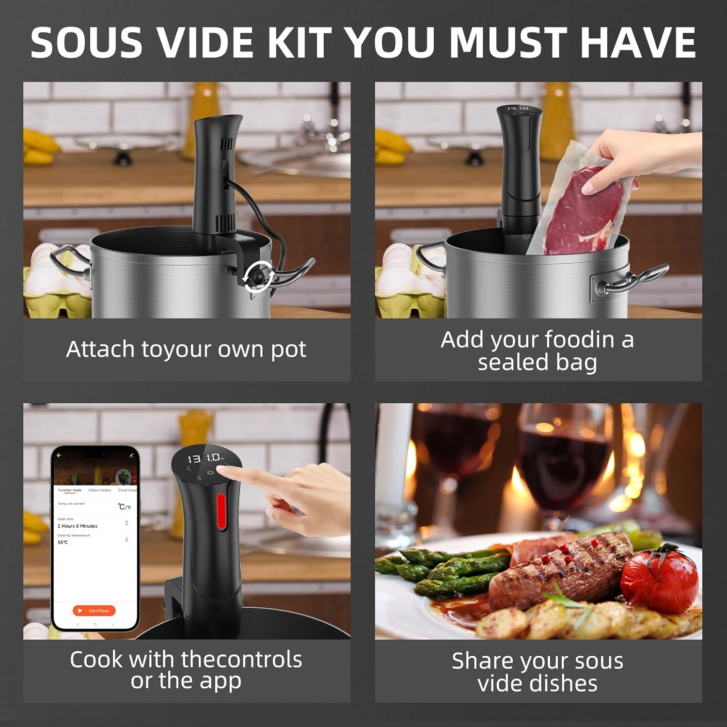 5G WIFI Sous Vide Machine|1100 Watts Sous Vide-Precision Cooker with Bag, Recipes| Thermal Immersion Circulator, Fast Heating with Accurate Temperature and Timer, LED Touch Screen/App Control,Black