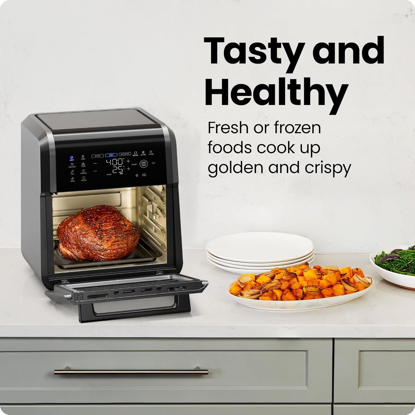 12-Quart 6-In-1 Air Fryer Oven with Digital Timer, Touchscreen, and 12 Presets - Family Size Countertop Convection Oven, Dishwasher-Safe Parts