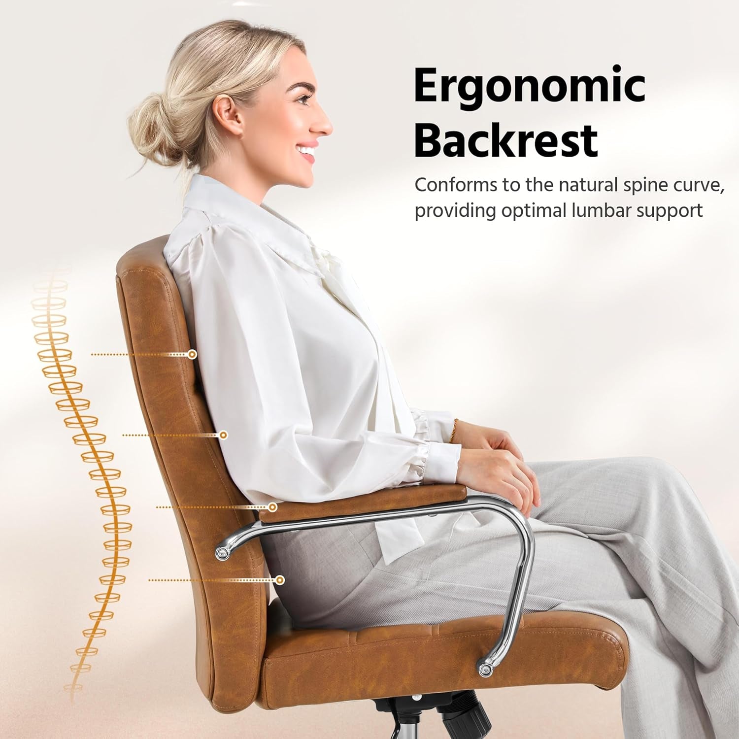 Mid-Back Office Chair with Arms Swivel PU Leather Height Adjustable Office Executive Chair, Retro Brown