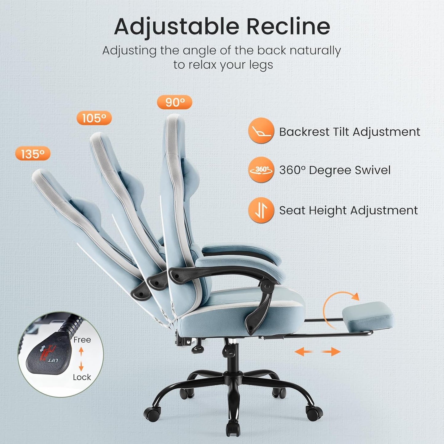 Computer Gaming Chair - High Back Ergonomic Desk Chair with Footrest and Lumbar Support, Height Adjustable Task Chair with Linkage Armrests and Headrest, 360° Swivel Wheels, Blue