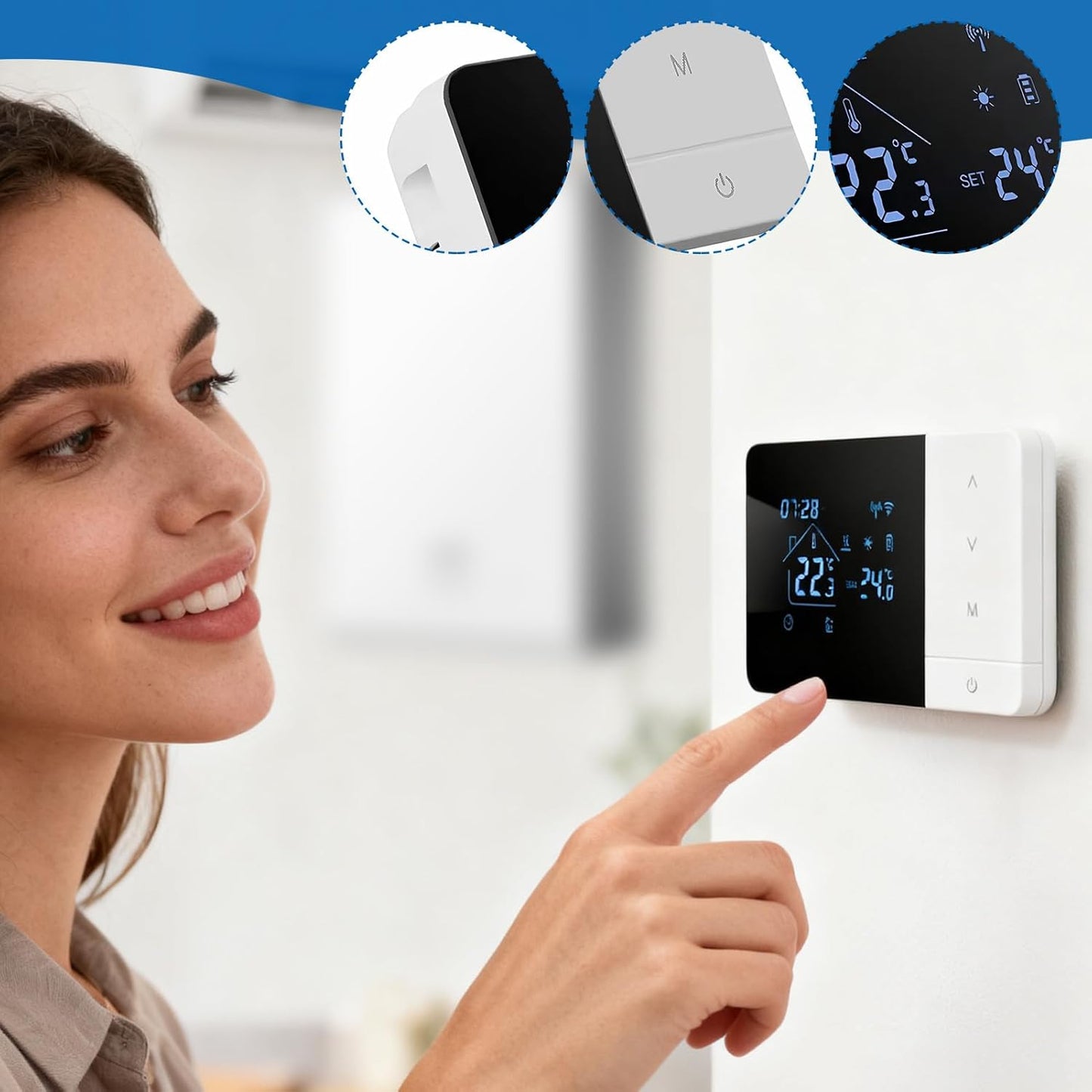 Smart Wifi Thermostat - Heat & Cool Temperature Controller with Touchscreen | APP & Voice Control Thermostatt for Home Automation | Digital Programmable Thermostat for House RV Hotel | Energy Saving C