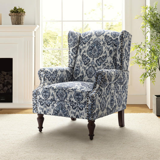 Wingback Accent Chair with Floral Pattern Design, Traditional Fabric Armchair with Nailhead Trim and Retro Wooden Legs, Navy