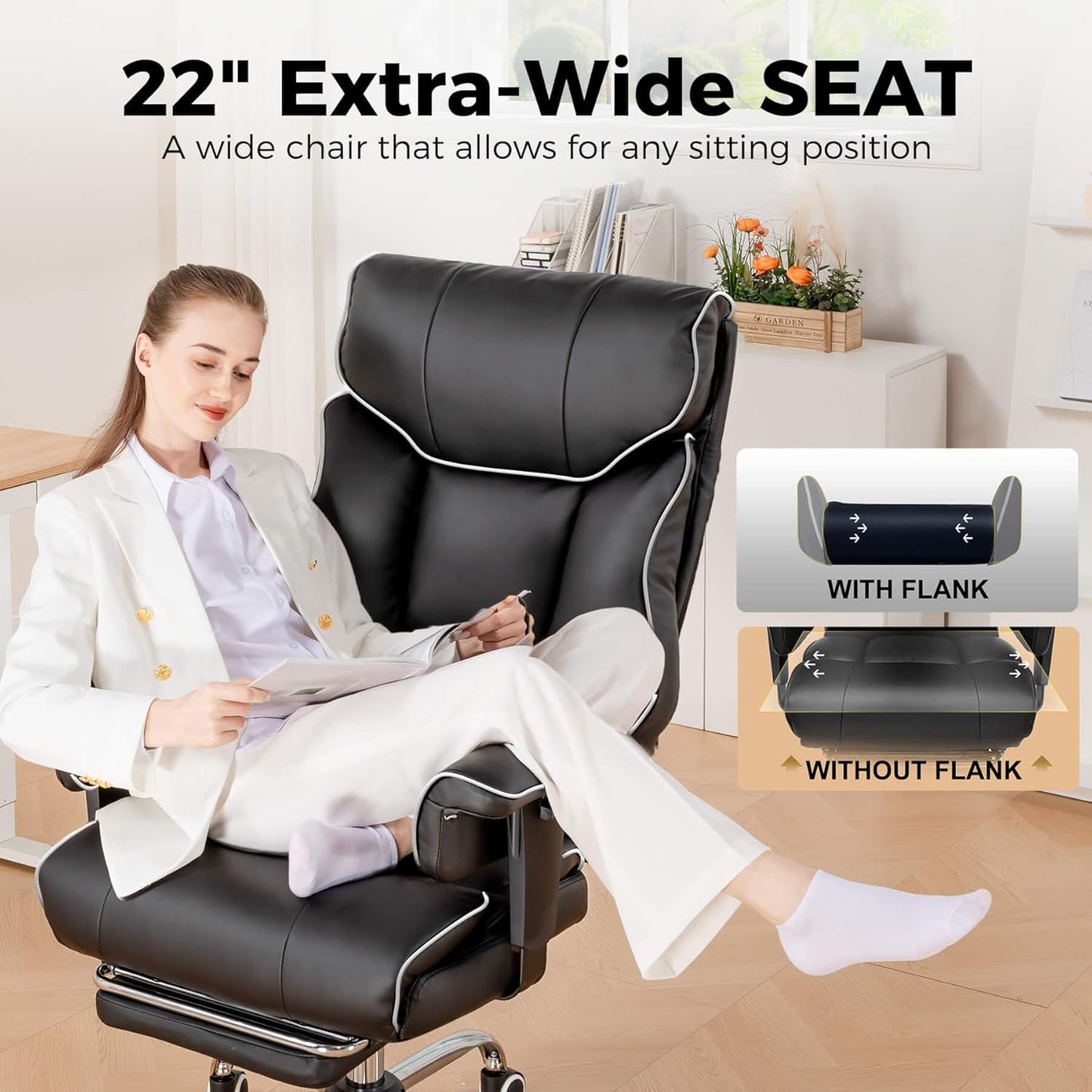 Big and Tall Office Chair 400Lbs High Back Gaming Chair with Ergonomic Lumbar Support & Pocket Spring Cushion for Lower Back Pain Relief, Leather Executive Chair with Foot Rest, White/Black