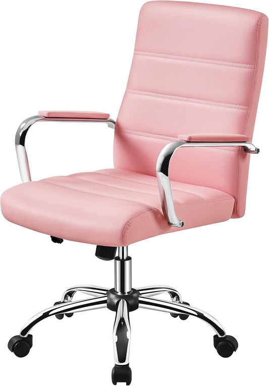 Mid-Back Office Chair with Arms Swivel PU Leather Height Adjustable Office Executive Chair, Pink