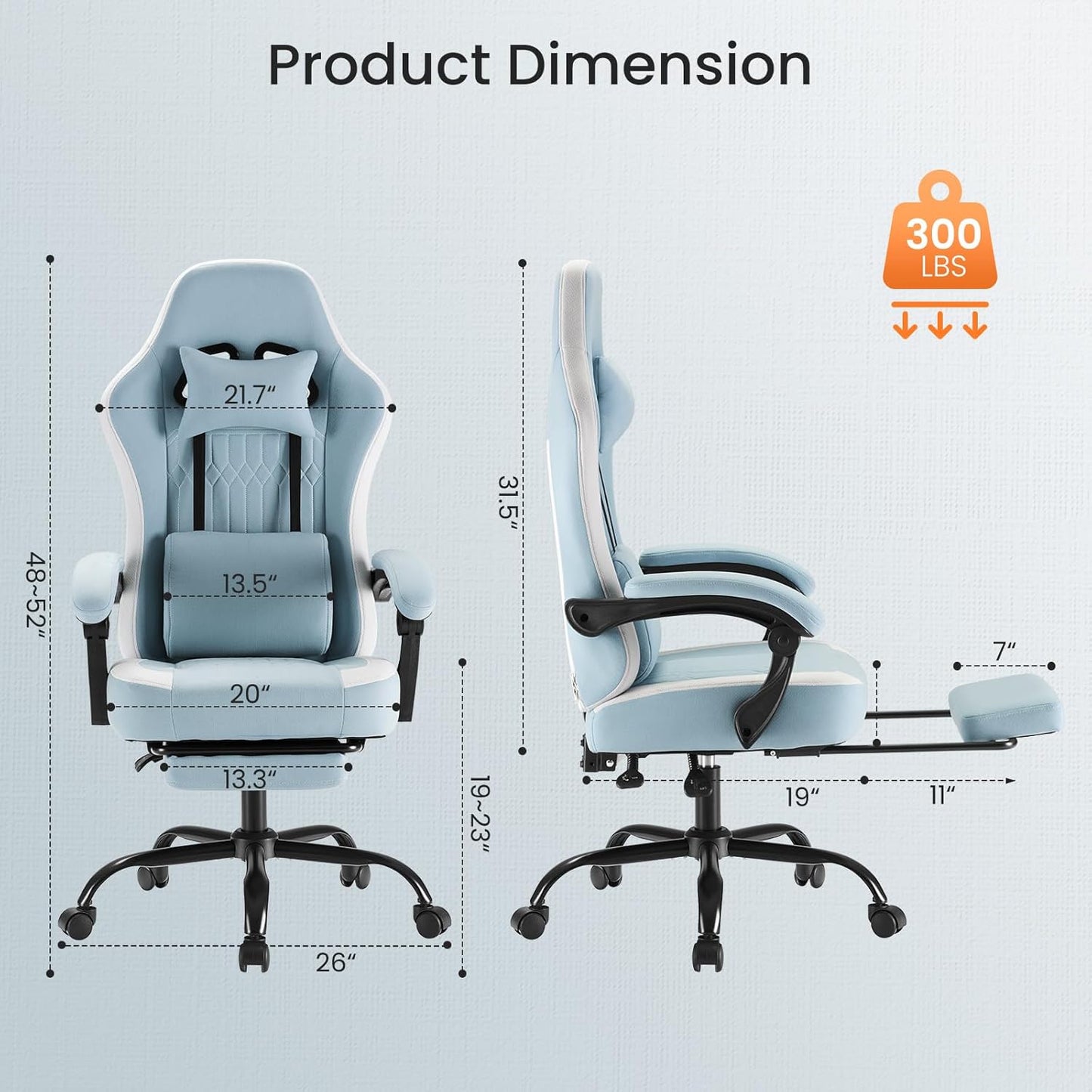 Computer Gaming Chair - High Back Ergonomic Desk Chair with Footrest and Lumbar Support, Height Adjustable Task Chair with Linkage Armrests and Headrest, 360° Swivel Wheels, Blue