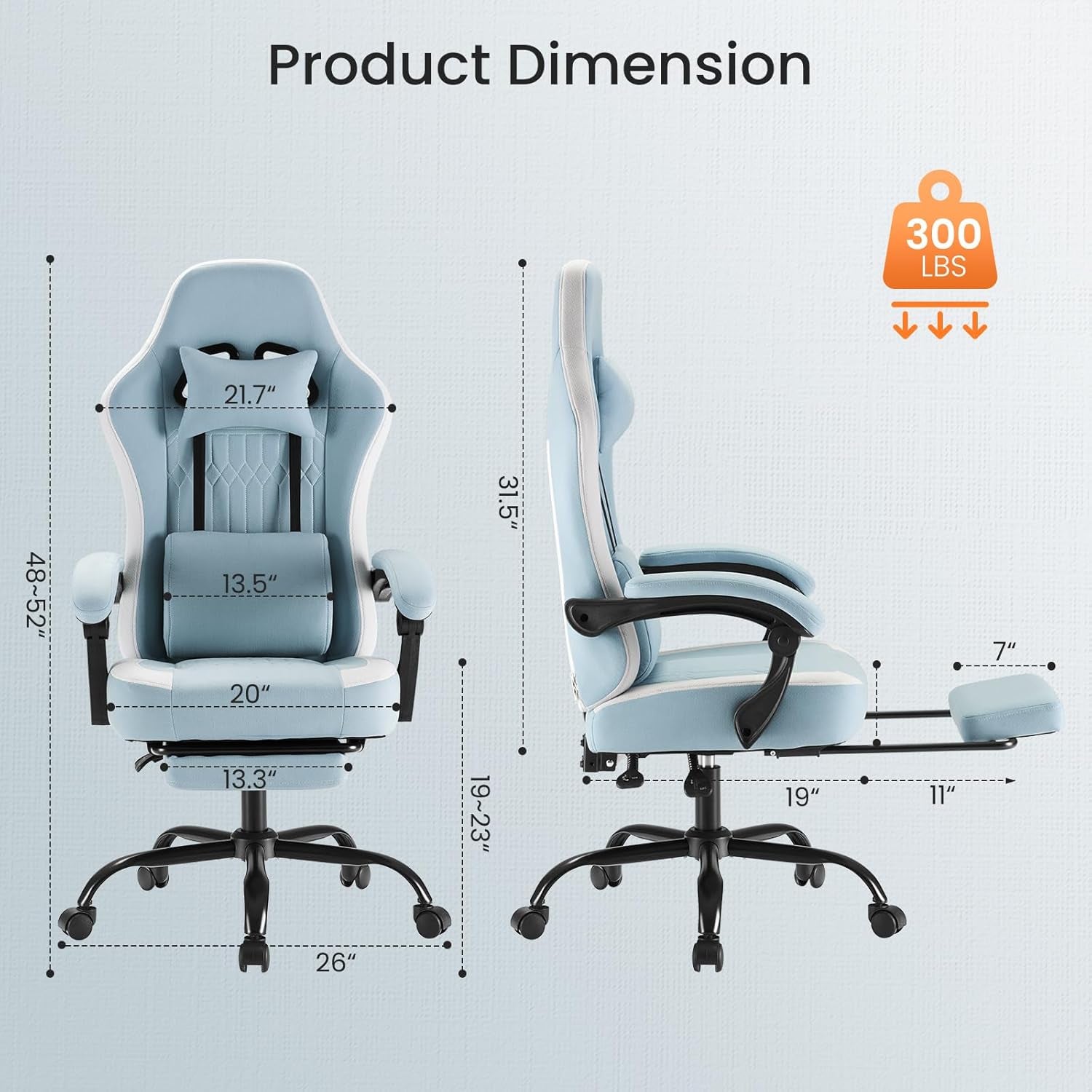 Computer Gaming Chair - High Back Ergonomic Desk Chair with Footrest and Lumbar Support, Height Adjustable Task Chair with Linkage Armrests and Headrest, 360° Swivel Wheels, Blue