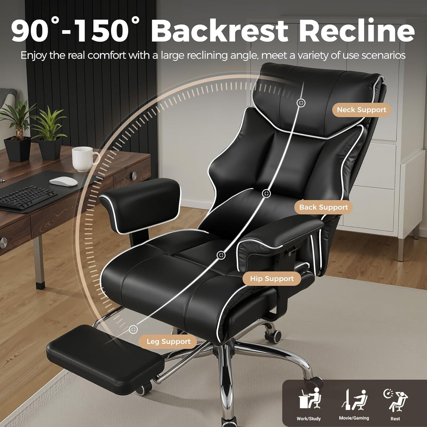 Big and Tall Office Chair 400Lbs High Back Gaming Chair with Ergonomic Lumbar Support & Pocket Spring Cushion for Lower Back Pain Relief, Leather Executive Chair with Foot Rest, White/Black