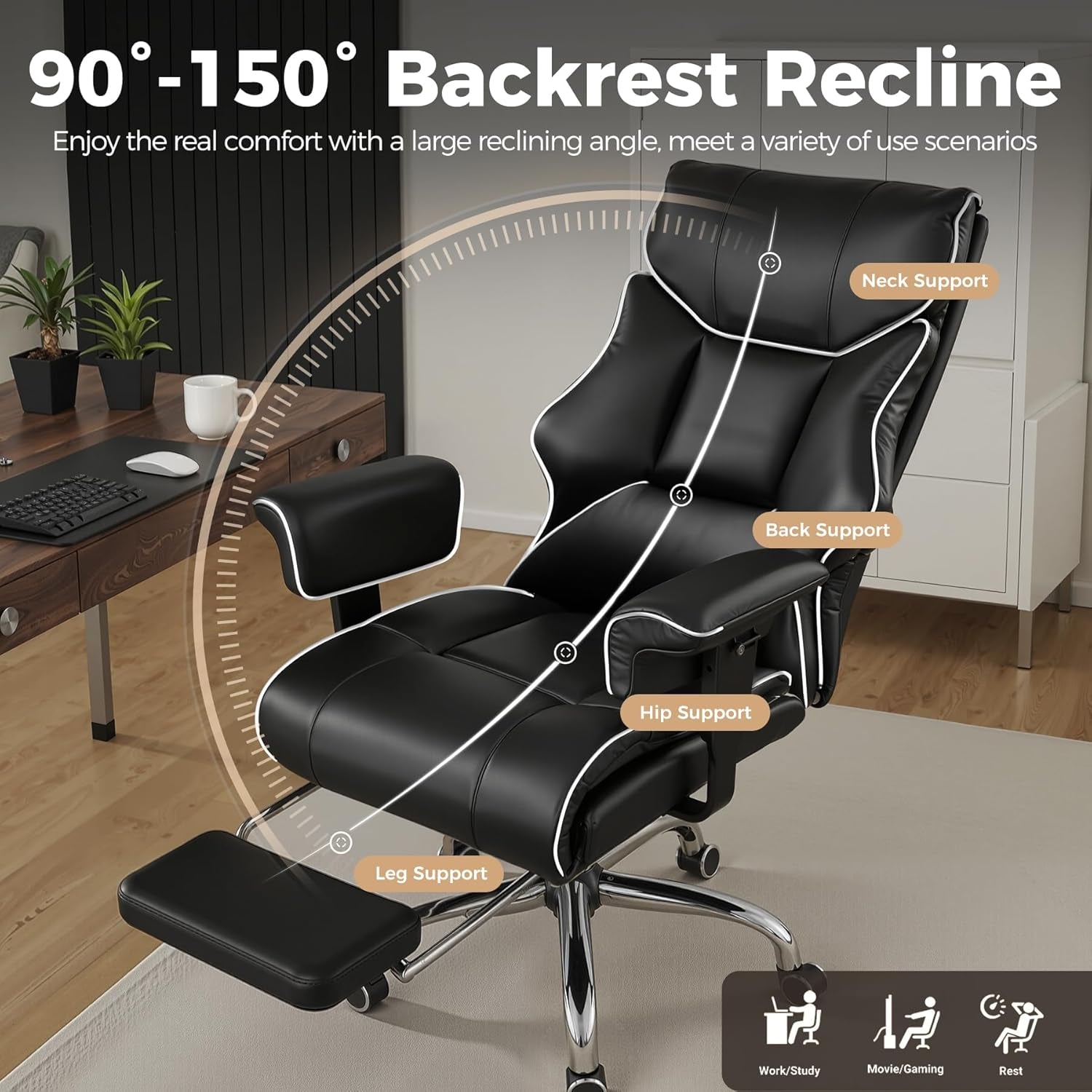 Big and Tall Office Chair 400Lbs High Back Gaming Chair with Ergonomic Lumbar Support & Pocket Spring Cushion for Lower Back Pain Relief, Leather Executive Chair with Foot Rest, White/Black