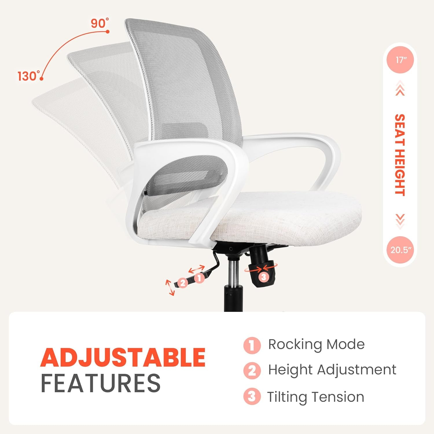 Office Desk Ergonomic Mesh Computer Chair with Lumbar Support Adjustable Height Swivel Rolling Wheels Comfy Mid Back Task Chair for Home Bedroom Vanity Study (Ivory)