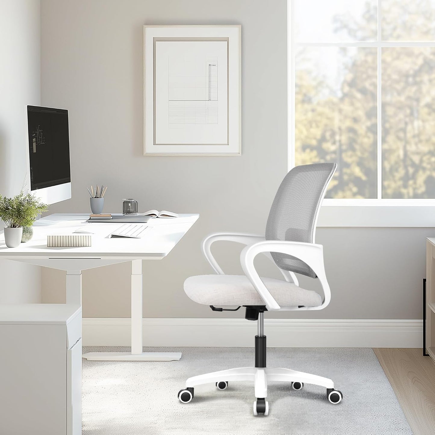 Office Desk Ergonomic Mesh Computer Chair with Lumbar Support Adjustable Height Swivel Rolling Wheels Comfy Mid Back Task Chair for Home Bedroom Vanity Study (Ivory)