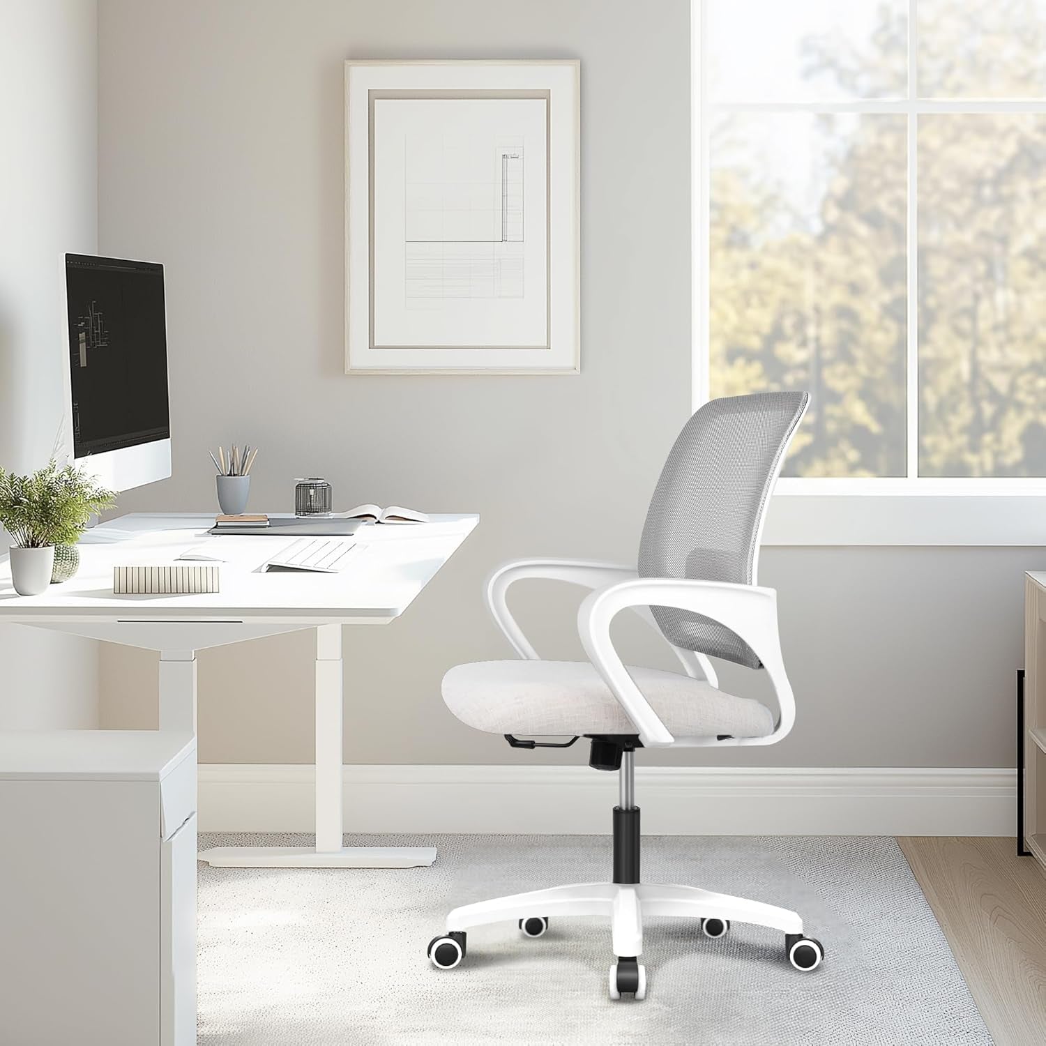 Office Desk Ergonomic Mesh Computer Chair with Lumbar Support Adjustable Height Swivel Rolling Wheels Comfy Mid Back Task Chair for Home Bedroom Vanity Study (Ivory)