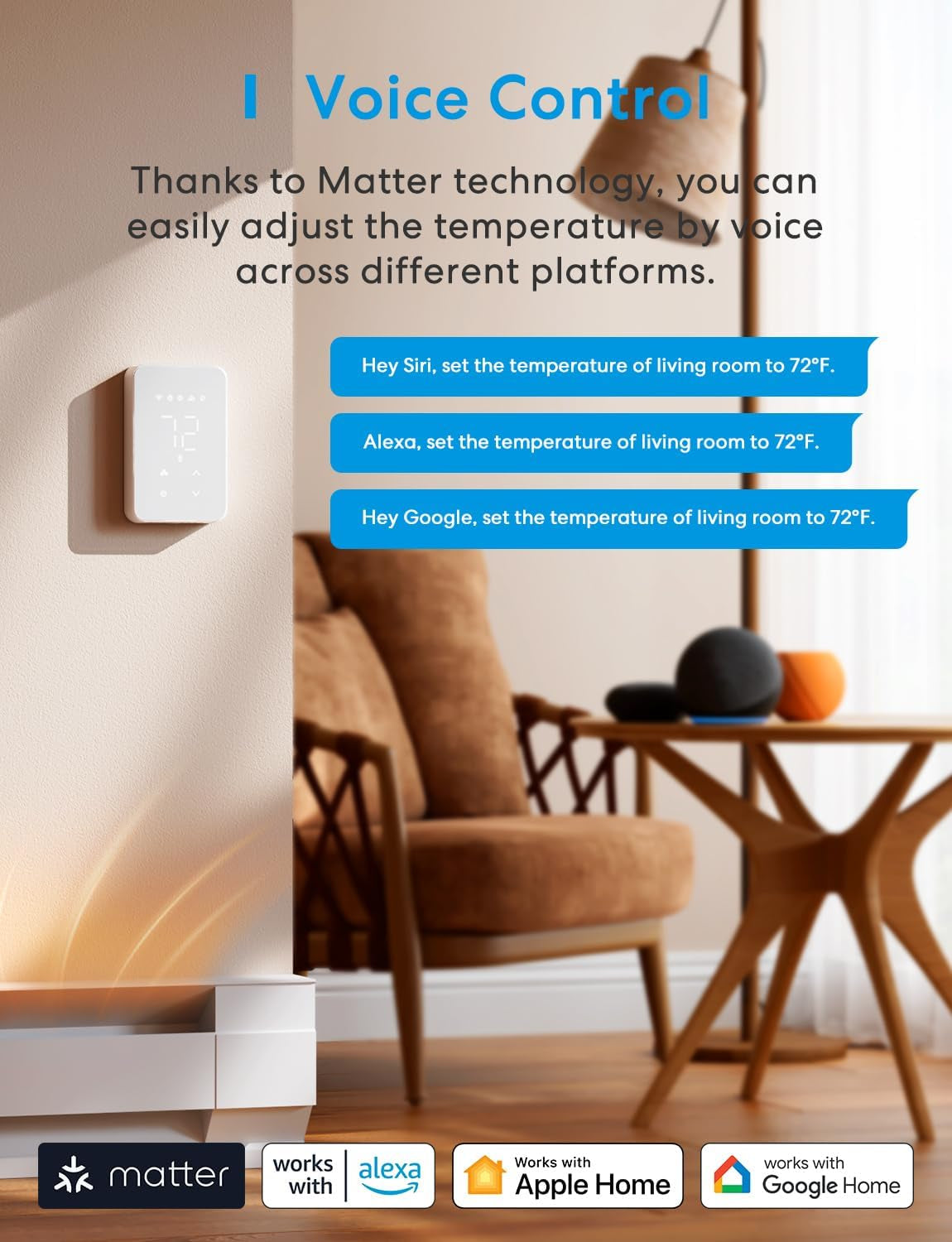 Matter Smart Thermostat for Electric Baseboard Heater, Works with Alexa, Homekit, Google, Smartthings, Programmable Wifi Thermostat for House, Energy Saving, App & Voice Control for Smart Home