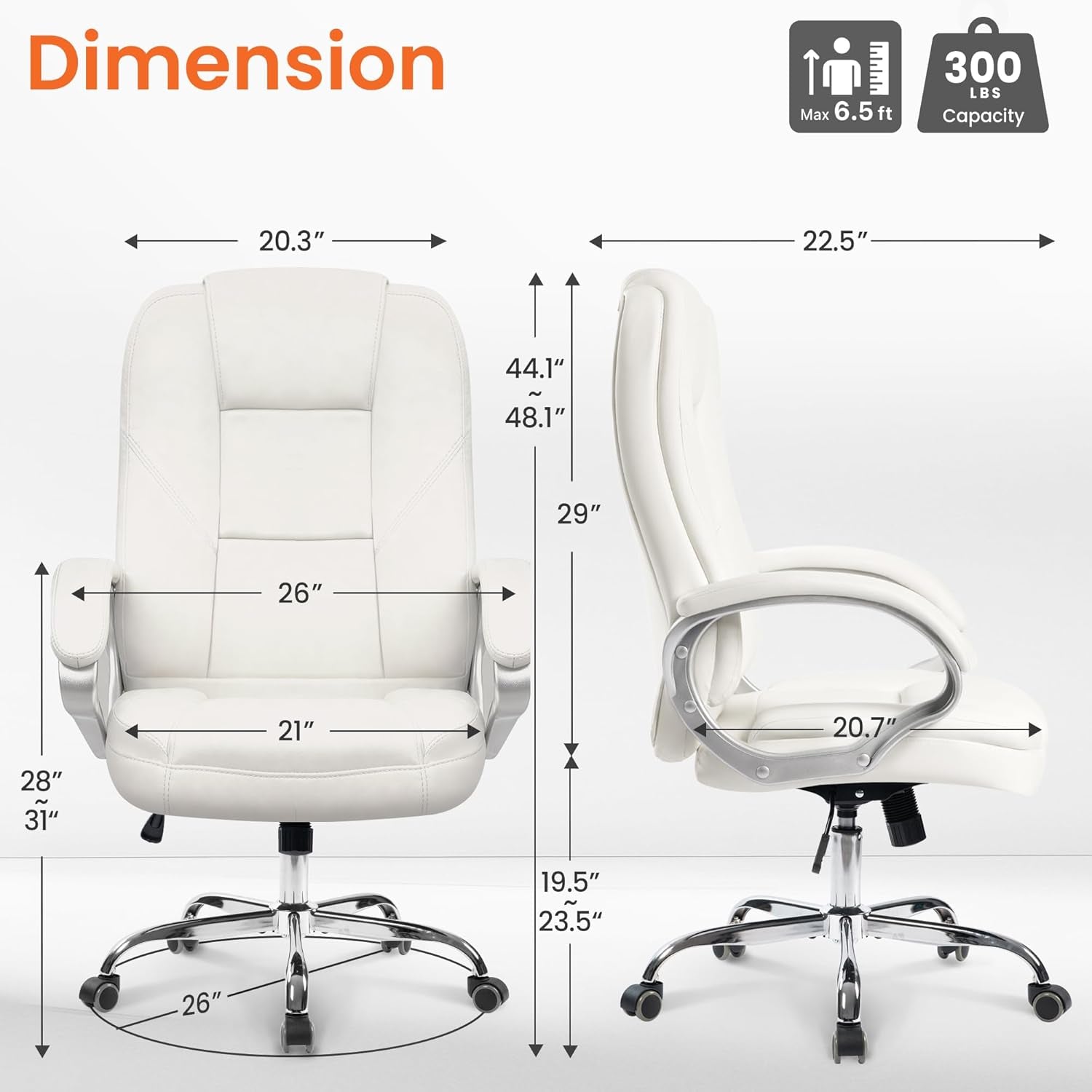 Office Desk Ergonomic Gaming Chair High Back Adjustable Computer Chair with Wheels and Lumbar Support Comfy Leather Executive Swivel (White)