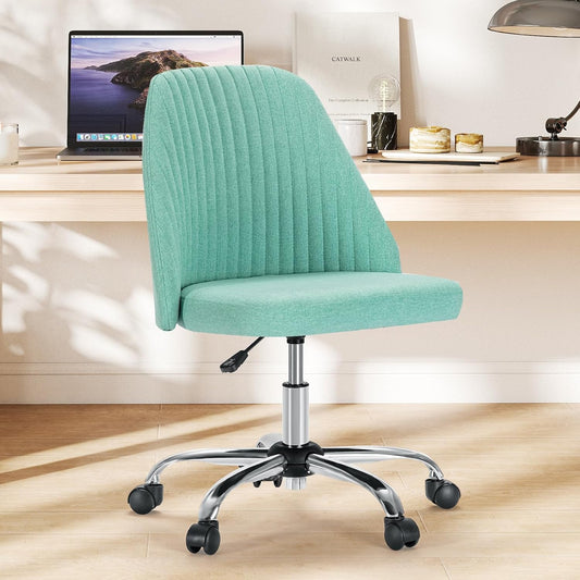 Armless Vanity Chair, Cute Comfy Home Office Desk Chair with Wheels, Modern Upholstered Task Computer Seat for Bedroom, Study, Makeup Vanity, Height Adjustable & Swivel, Mint