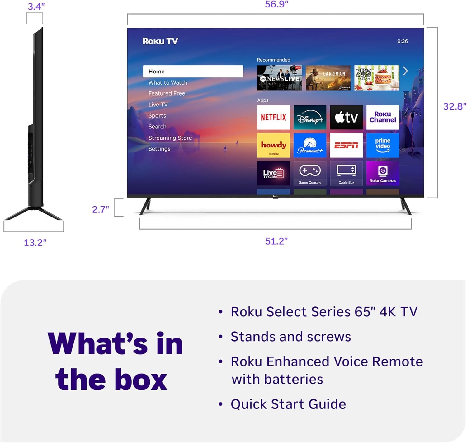 Smart TV 2025 – 65-Inch Select Series, 4K HDR TV – tv with Enhanced Voice Remote – Flat Screen LED Television with Wi-Fi for Streaming Live Local News, Sports, Family Entertainment