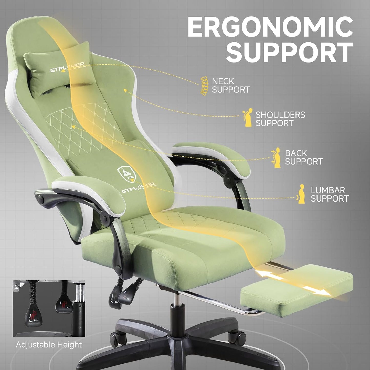 Office Chair, Gaming Computer Desk Fabric Chair with Footrest, High Back Ergonomic Office Chair with Pocket Spring Lumbar Support and Linkage Armrests Adjustable Height Swivel for Home Task