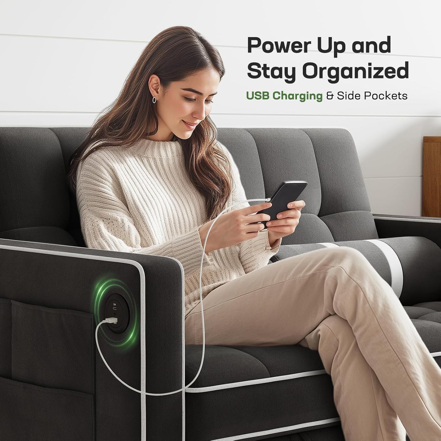 3-In-1 Convertible Futon Sleeper Sofa Bed, Pull Out Couch with Adjustable Backrest, USB Charging & Side Pockets, Velvet Fabric Sofa for Living Room, Apartment, Loveseat, Black