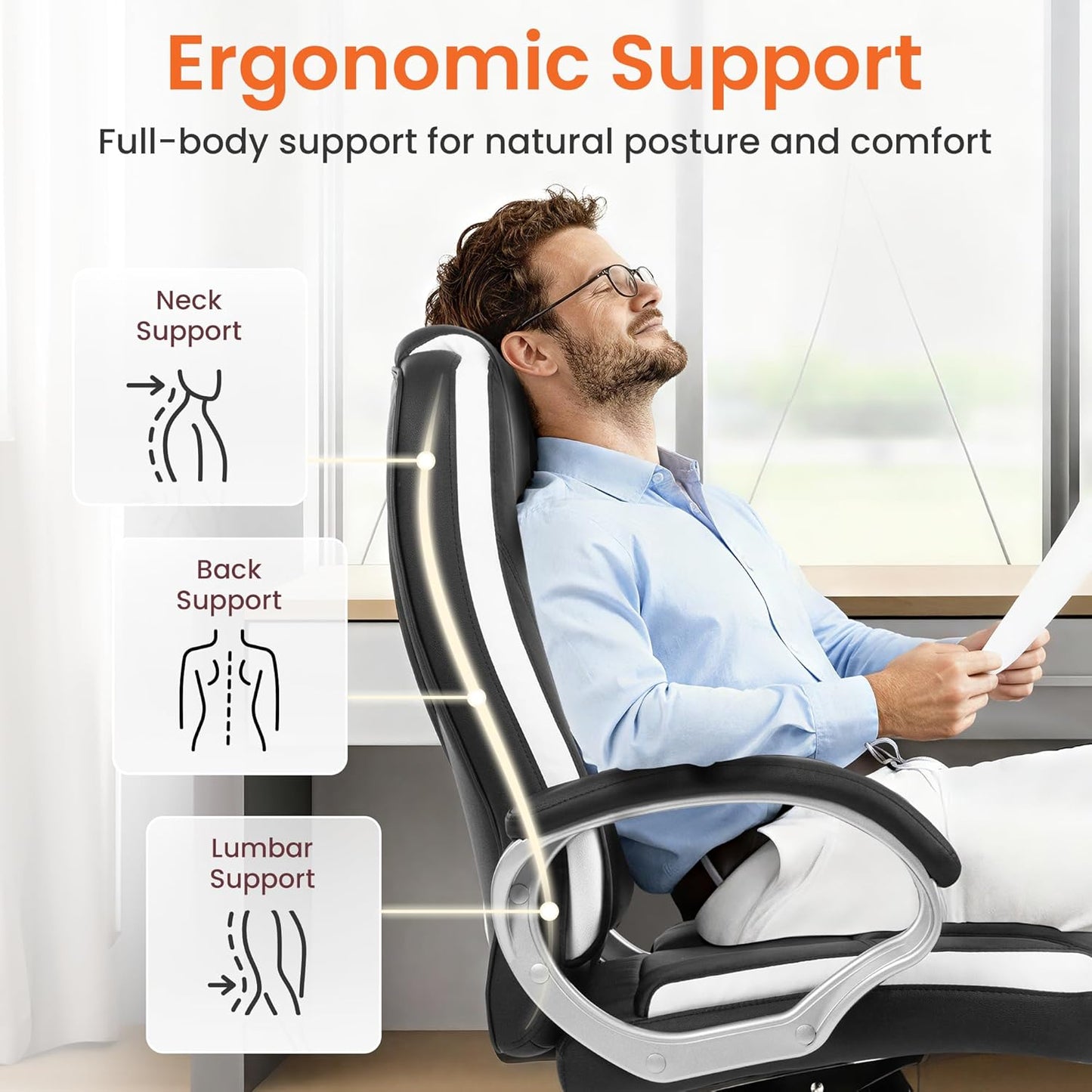Office Desk Ergonomic Gaming Chair High Back Adjustable Computer Chair with Wheels and Lumbar Support Comfy Leather Executive Swivel (Black)