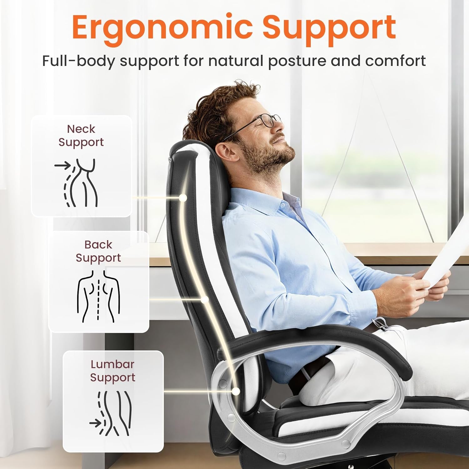 Office Desk Ergonomic Gaming Chair High Back Adjustable Computer Chair with Wheels and Lumbar Support Comfy Leather Executive Swivel (Black)