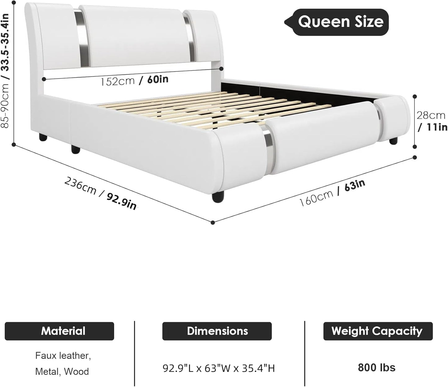 Modern Faux Leather Upholstered Platform Bed Frame with Iron Metal Decor, Adjustable Curved Headboard, Wooden Slats Support, No Box Spring Needed, Queen Size, White