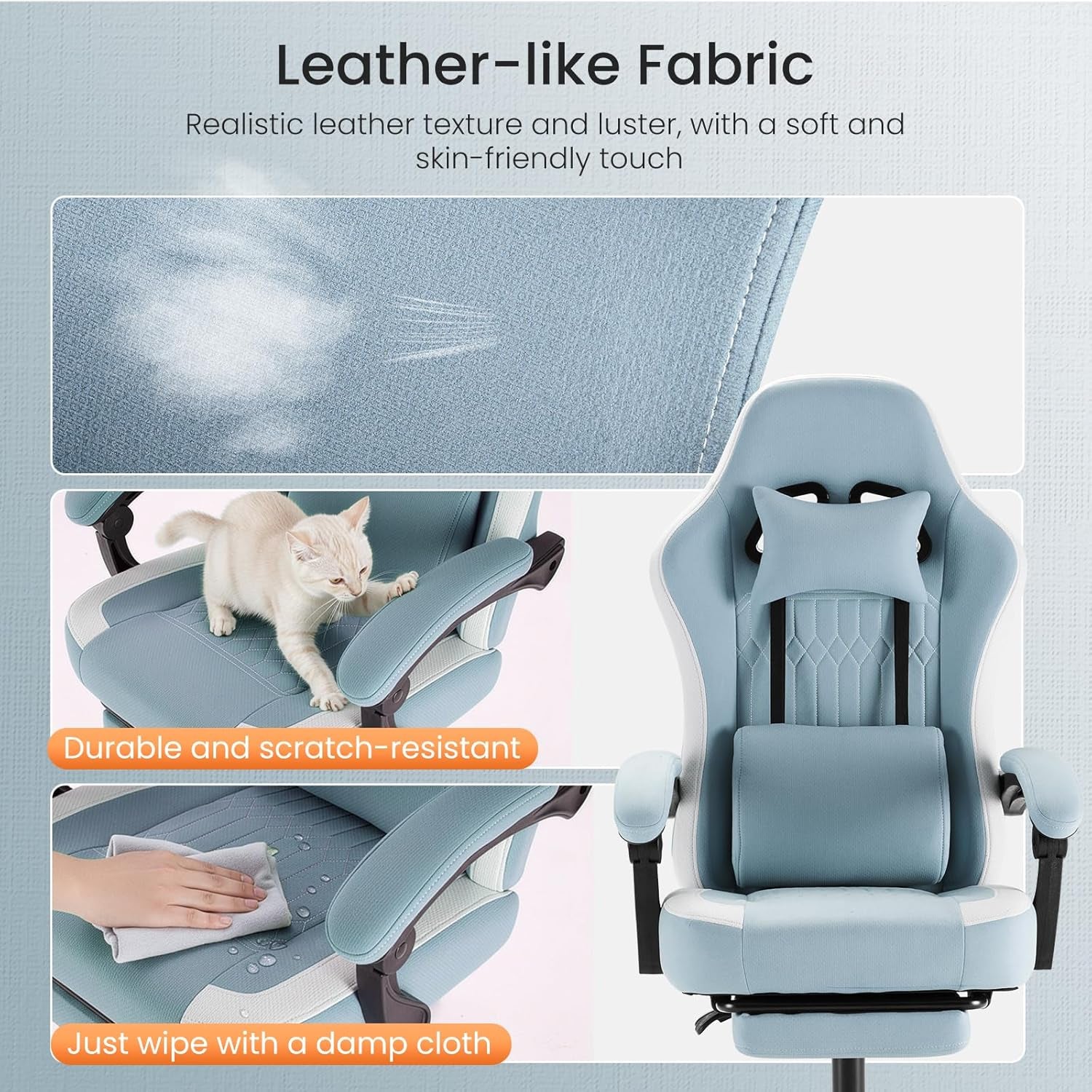 Computer Gaming Chair - High Back Ergonomic Desk Chair with Footrest and Lumbar Support, Height Adjustable Task Chair with Linkage Armrests and Headrest, 360° Swivel Wheels, Blue