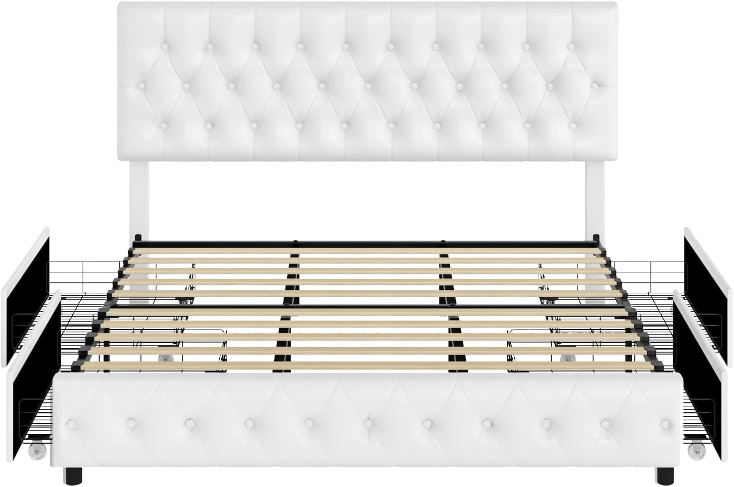 Modern Upholstered Bed Frame with 4 Drawers, Button Tufted Headboard Design, Solid Wooden Slat Support, Easy Assembly, Queen Size, White