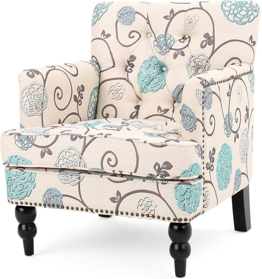 Harrison Fabric Tufted Club Chair, White / Blue (29.5"D X 28"W X 33.5"H)