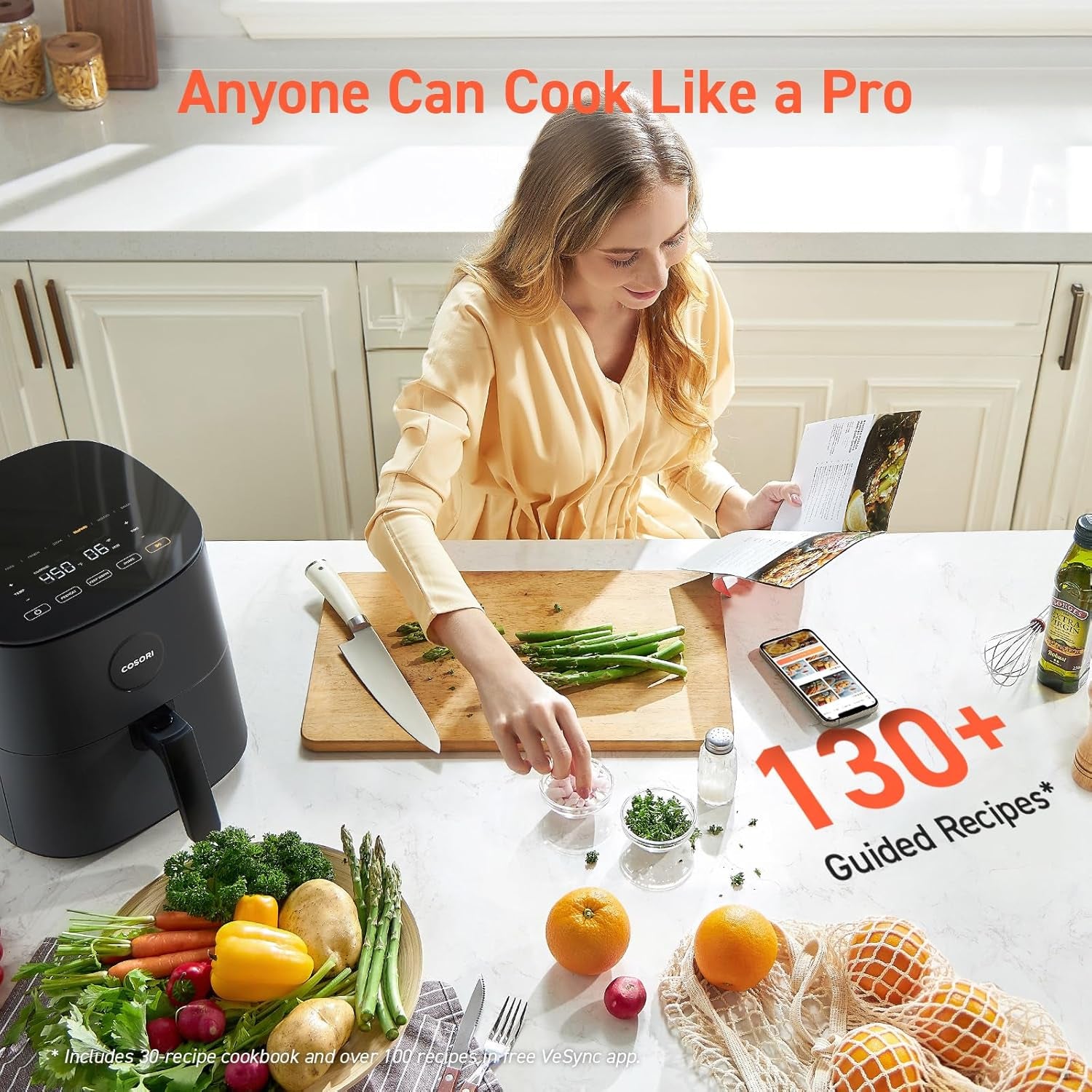 Air Fryer Pro 9-In-1, Compact 5QT, Ceramic Coating, 450℉: Half Time & Chef-Grade Cook, One-Wipe Clean Glass Panel, 130+ In-App Recipes, Nonstick & Dishwasher-Safe Basket, Gray