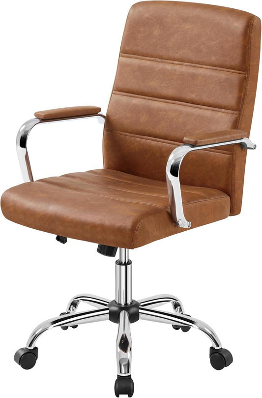 Mid-Back Office Chair with Arms Swivel PU Leather Height Adjustable Office Executive Chair, Retro Brown