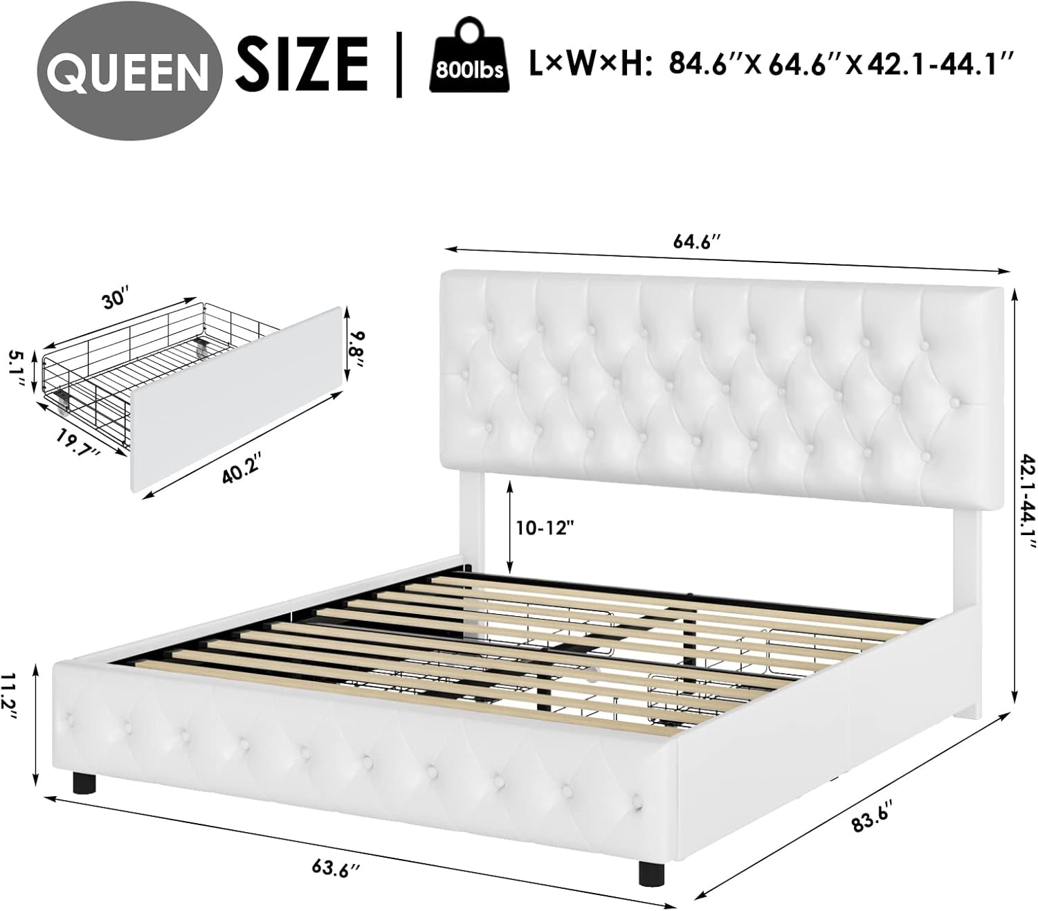Modern Upholstered Bed Frame with 4 Drawers, Button Tufted Headboard Design, Solid Wooden Slat Support, Easy Assembly, Queen Size, White