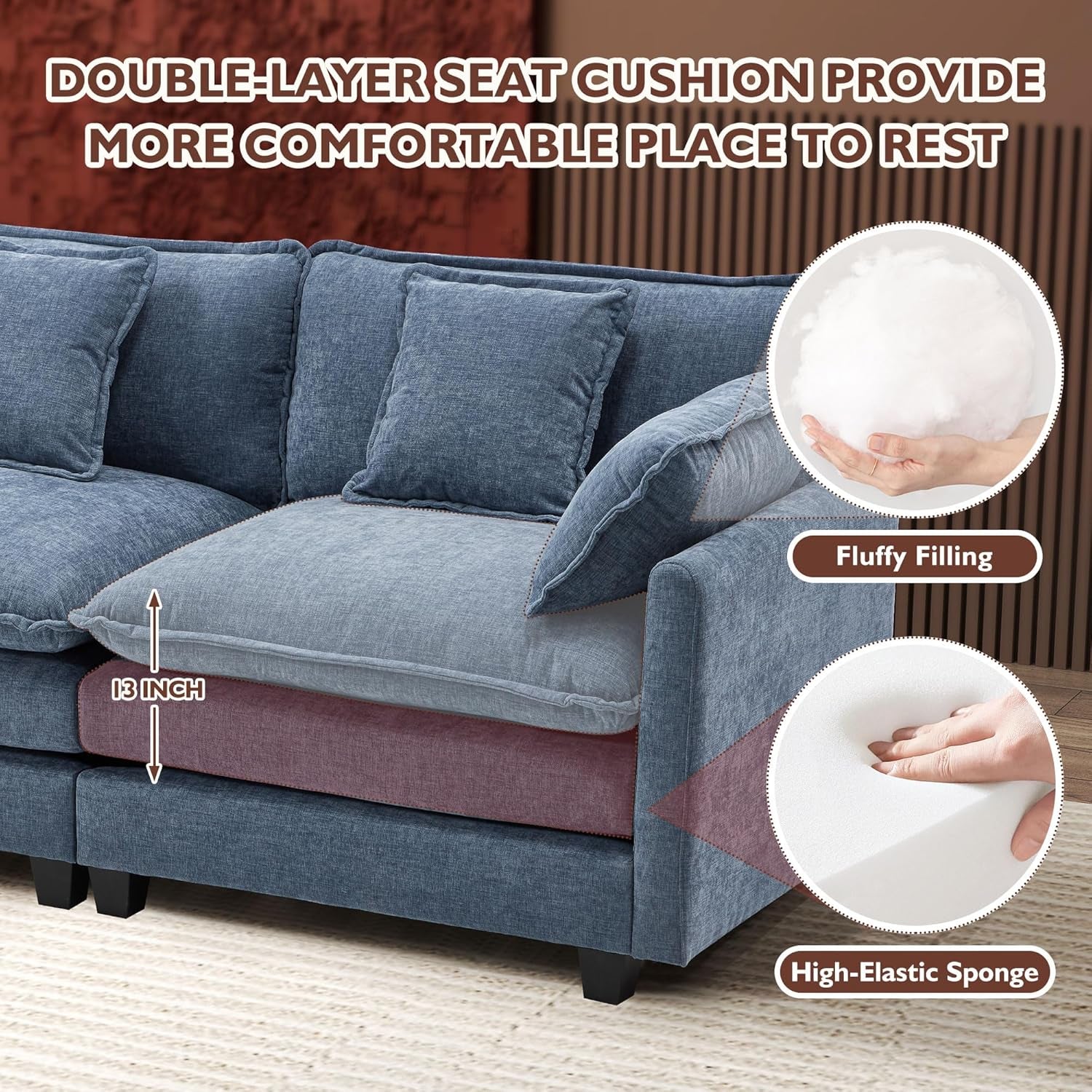 146" U-Shaped Modern Sofa Modular Sectional Cloud Couch with 2 Ottoman, 6-Seat Chenille Deep Seat Sofa with 6 Pillows for Living Room, Bedroom and Apartment, Blue