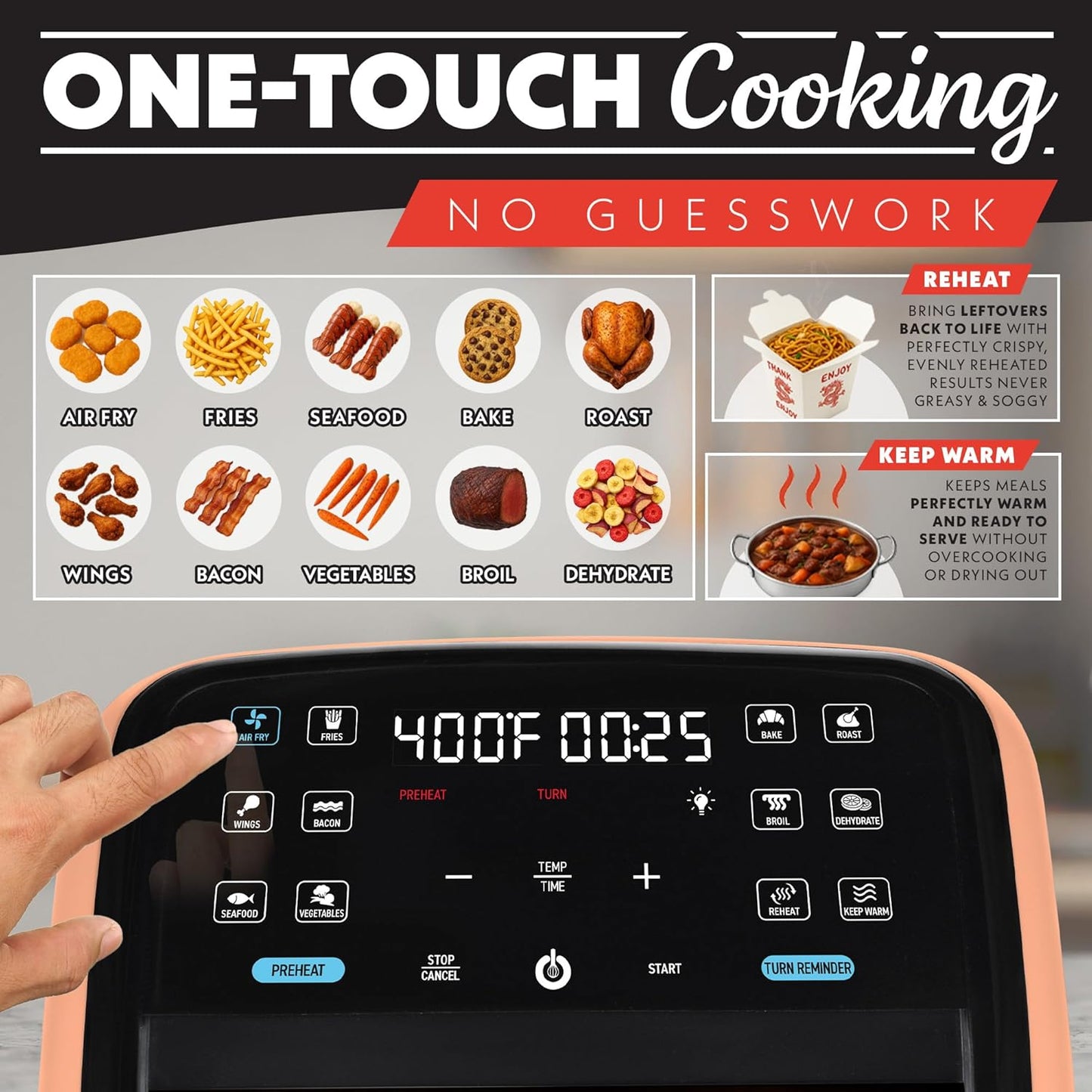 Air Fryer 7 QT - Easy View Panoramic Window & Interior Light, Guided Cooking with 12 One-Touch Presets, Fryforce 360, Dishwasher Safe Accessories, Peach